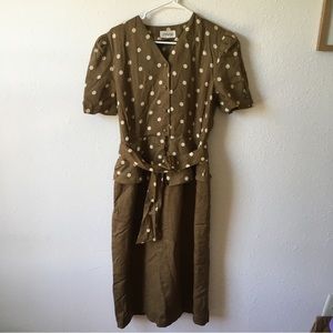 Vintage olive green polka dot belt secretary dress M Flawed
